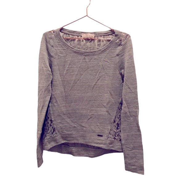 Abercrombie & Fitch light gray long sleeved top with lace semi sheer back - Picture 1 of 7